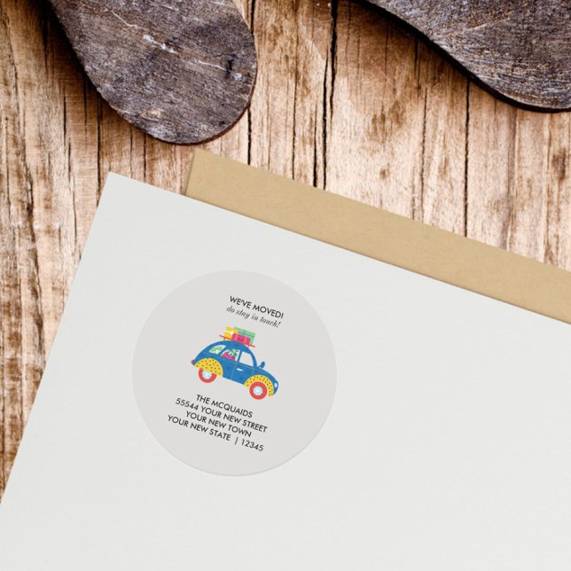 Colourful Car on the Moving Announcement  Classic Round Sticker (Return address label cute blue car
)