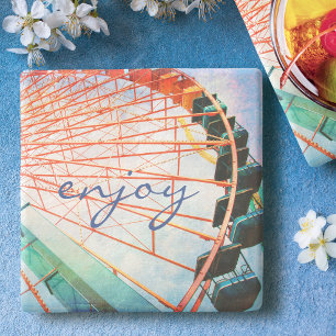 Colourful Carnival Ferris Wheel Photo Enjoy Script Stone Coaster