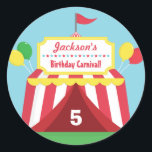 Colourful Carnival Themed Kids Birthday Party Classic Round Sticker<br><div class="desc">Sticker for decorating carnival themed birthday party! It has a red and white carnival tent with lots of colourful balloons hanging around. The tent has a signboard with stars to feature the birthday child's name! Perfect for both birthday boys and girls. This is also perfect for schools that are holding...</div>
