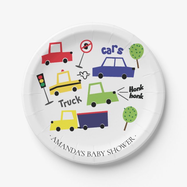 Colourful Cars & Trucks Boys Baby Shower 7" Plate (Front)