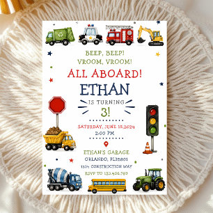 Colourful Cars Trucks Construction Birthday Invitation