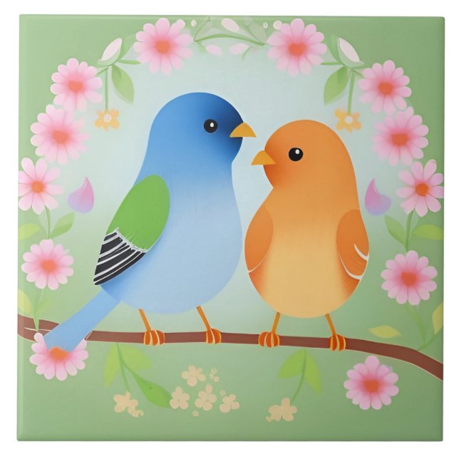 Colourful Cartoon Birds On Branch Bird Lovers Tile (Front)