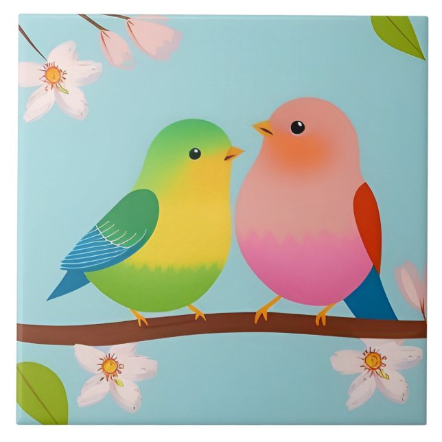 Colourful Cartoon Birds Perched on a Branch Tile (Front)