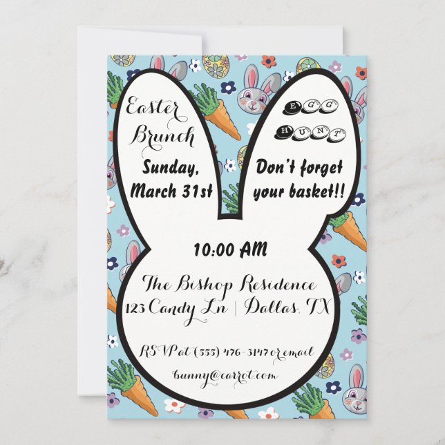 Colourful Cartoon Bunny Carrot & Easter Egg Floral Invitation (Front)