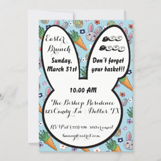 Colourful Cartoon Bunny Carrot & Easter Egg Floral Invitation