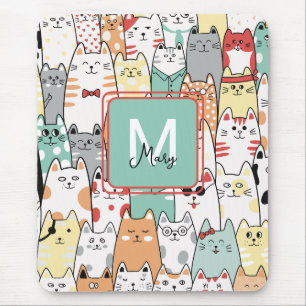 Colourful Cartoon Cat Kitty Name Monogram Mouse Pa Pad