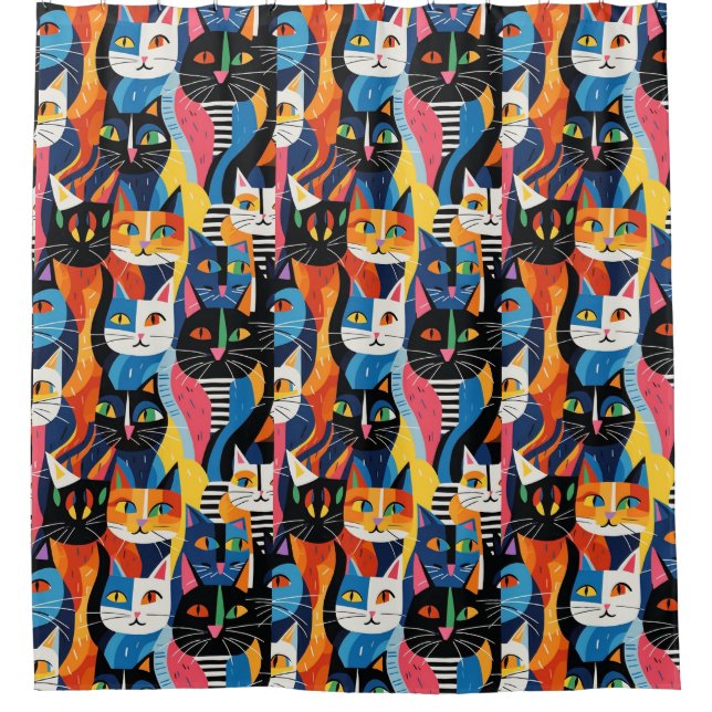 Colourful Cartoon Cat Pattern Shower Curtain (Front)