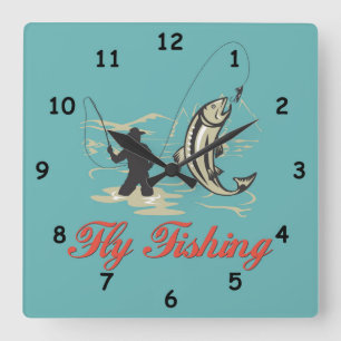 Colourful Cartoon Catching a Fish, Fly Fishing Square Wall Clock