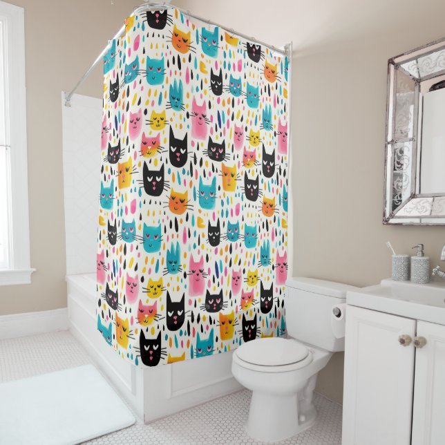 Colourful Cartoon Cats Pattern Shower Curtain (In Situ)