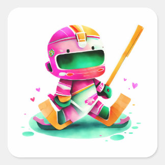 Colourful Cartoon Character Skating with Hockey  Square Sticker
