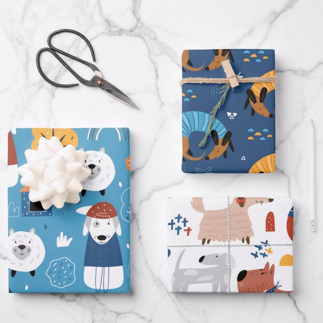 Colourful cartoon crazy dog wrapping paper sheets (Front)
