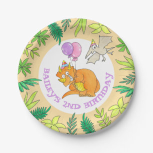 Colourful Cartoon Dinosaur Birthday Triceratops Paper Plate