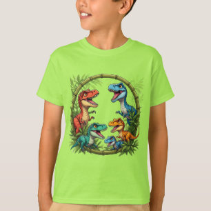 Colourful Cartoon Dinosaurs In Bamboo Frame T-Shirt