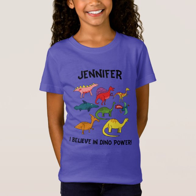 Colourful Cartoon Dinosaurs with Custom Name T-Shirt (Front)