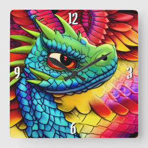 Colourful Cartoon Dragon Profile Square Wall Clock