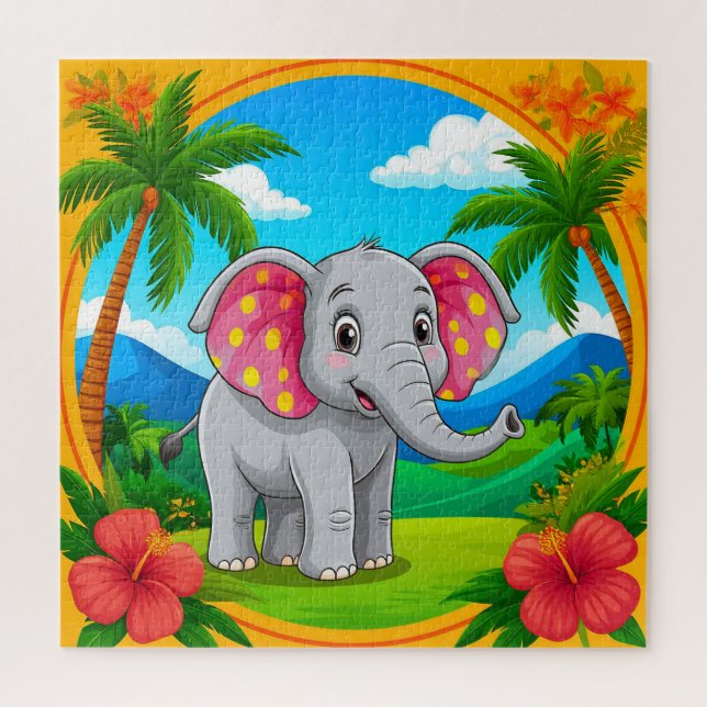 Colourful Cartoon Elephant in Tropical Landscape Jigsaw Puzzle (Vertical)