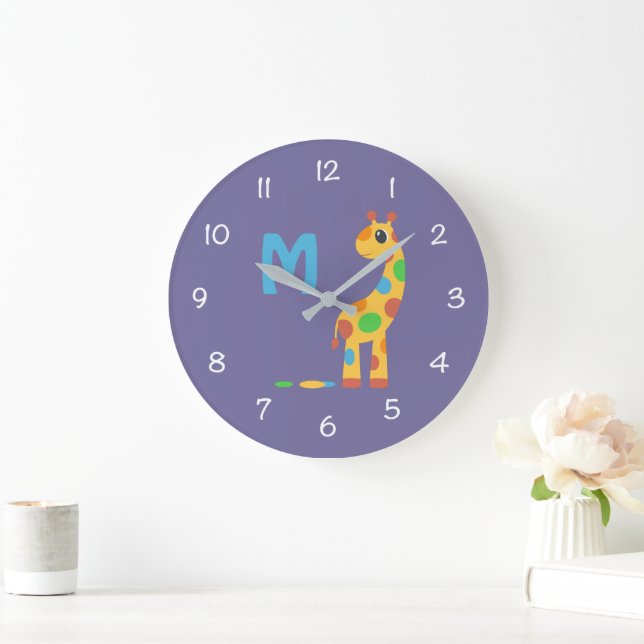Colourful Cartoon Giraffe and Butterfly Monogram Large Clock (Home)