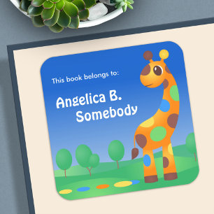 Colourful Cartoon Giraffe Bookplate Square Sticker
