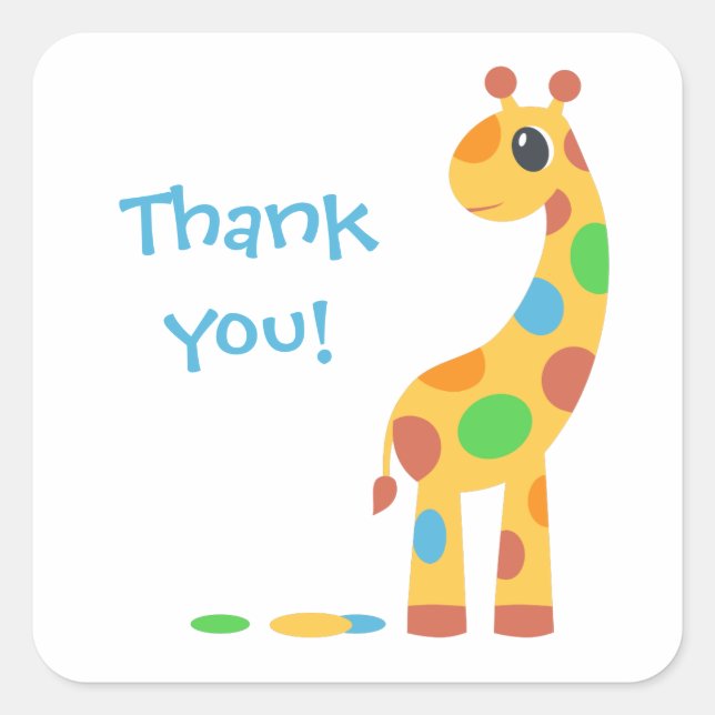 Colourful Cartoon Giraffe Thank You Square Sticker (Front)