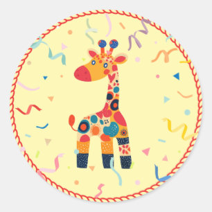 Colourful Cartoon Giraffe with Confetti Classic Round Sticker