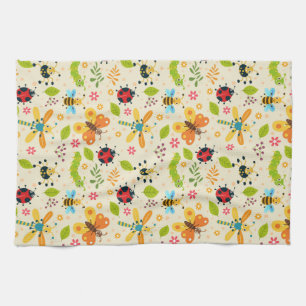 Colourful Cartoon Insects With Flowers and Leaves Tea Towel