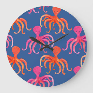 Colourful Cartoon Octopus Watercolor Pattern Large Clock