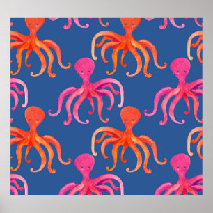 Colourful Cartoon Octopus Watercolor Pattern Poster