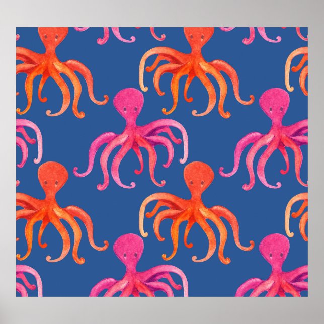 Colourful Cartoon Octopus Watercolor Pattern Poster (Front)