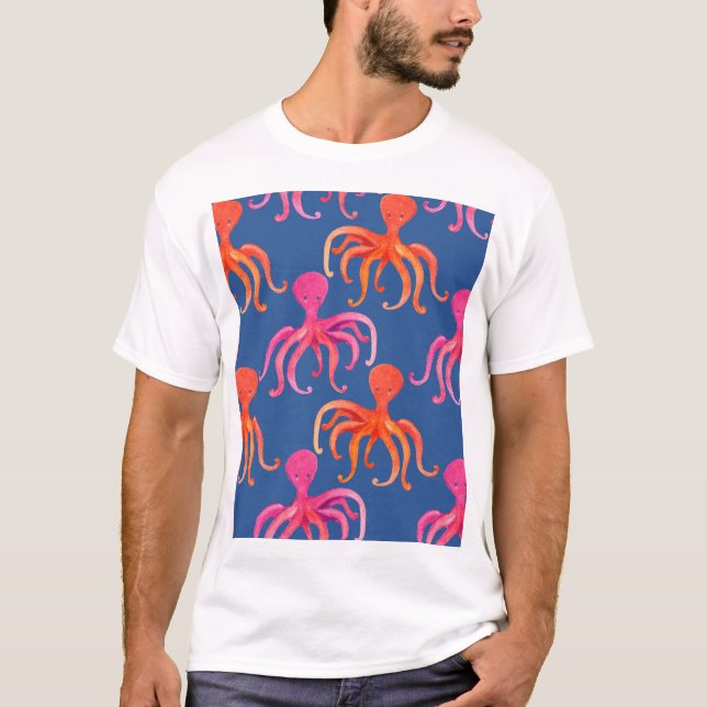 Colourful Cartoon Octopus Watercolor Pattern T-Shirt (Front)