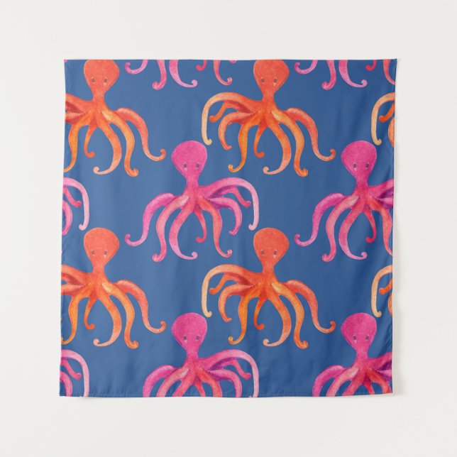 Colourful Cartoon Octopus Watercolor Pattern Tapestry (Front)