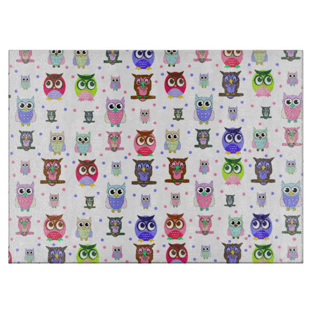 Colourful Cartoon Owls Glass Cutting Board (Front)