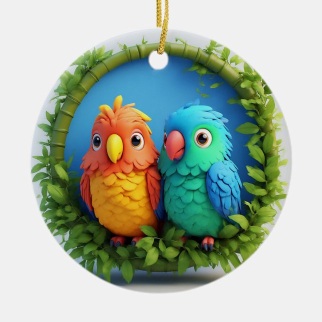 Colourful Cartoon Parrots Ceramic Tree Decoration (Front)