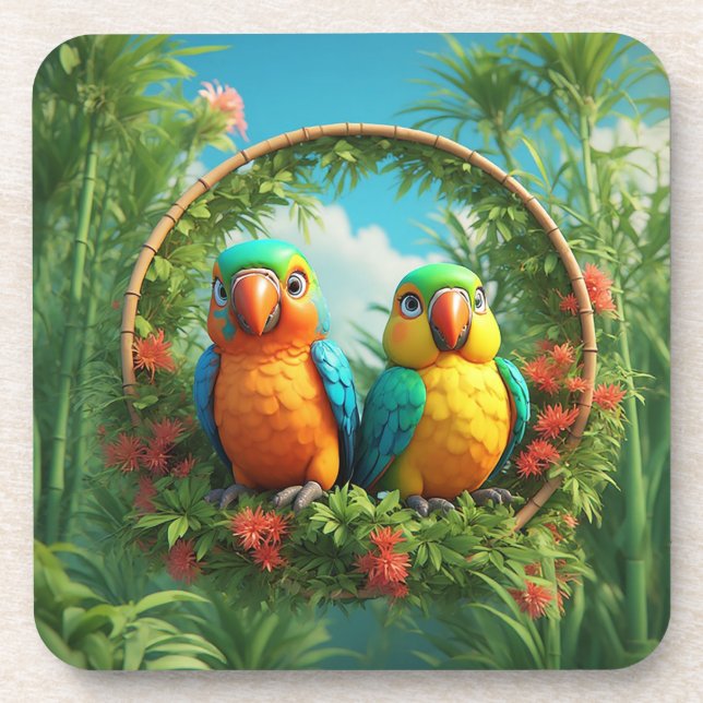 Colourful Cartoon Parrots Coaster (Front)