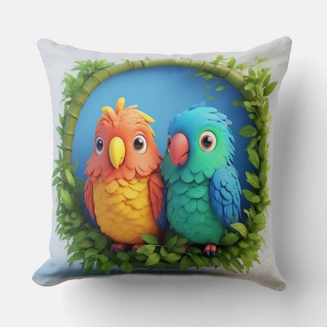 Colourful Cartoon Parrots Cushion (Front)