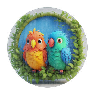 Colourful Cartoon Parrots Cutting Board