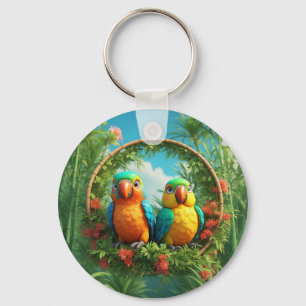 Colourful Cartoon Parrots Key Ring