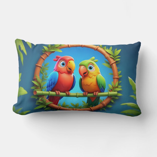 Colourful Cartoon Parrots Lumbar Cushion (Front)