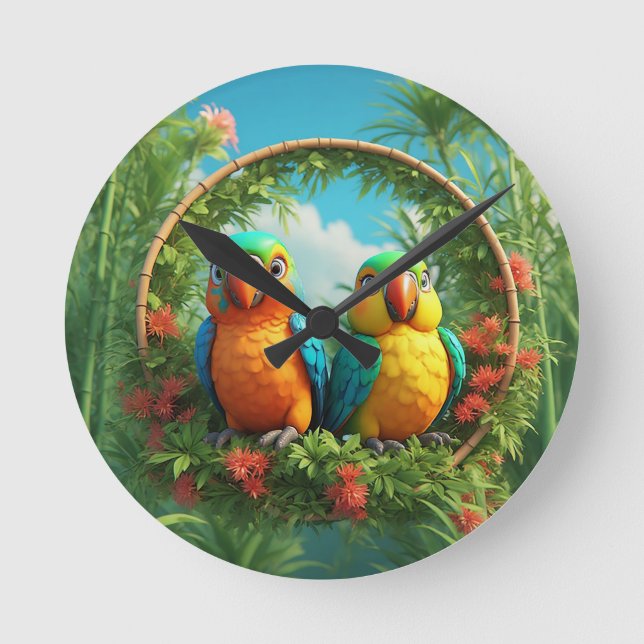 Colourful Cartoon Parrots Round Clock (Front)