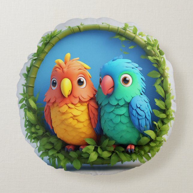 Colourful Cartoon Parrots Round Cushion (Front)