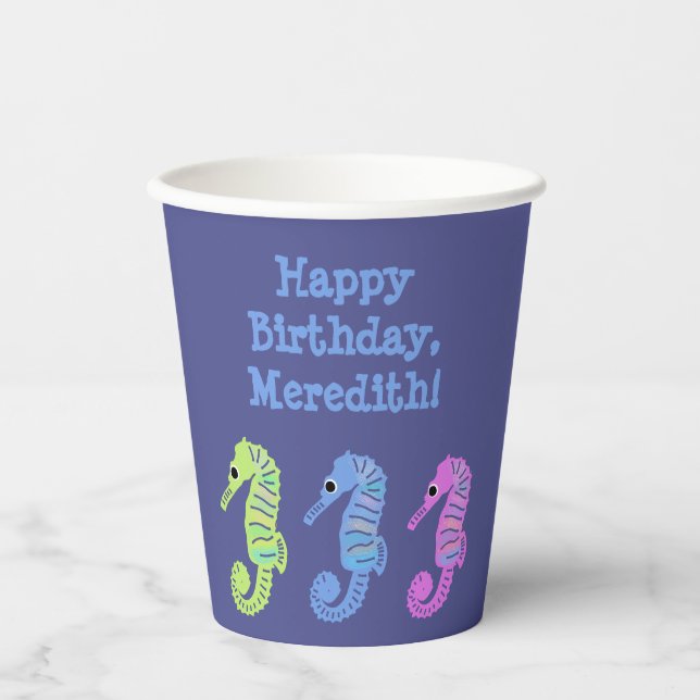 Colourful Cartoon Seashorses Fish Personalised Paper Cups (Front)
