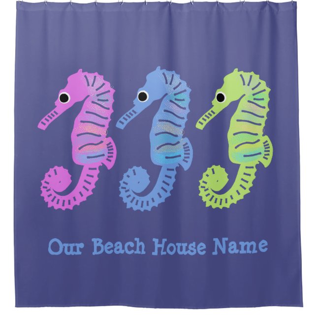 Colourful Cartoon Seashorses Fish Personalised Shower Curtain (Front)