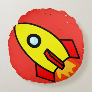 Colourful Cartoon Space Adventure Rocket, UFO Round Cushion