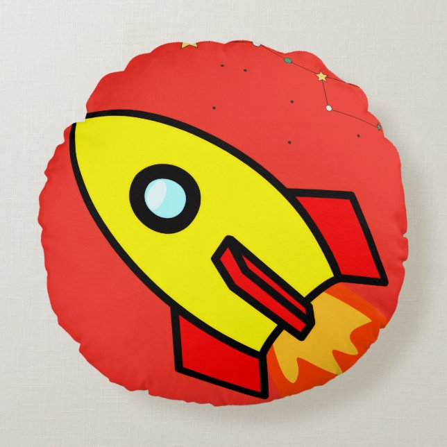 Colourful Cartoon Space Adventure Rocket, UFO  Round Cushion (Front)