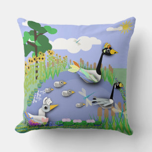 Colourful cartoon style pond with geese and ducks cushion