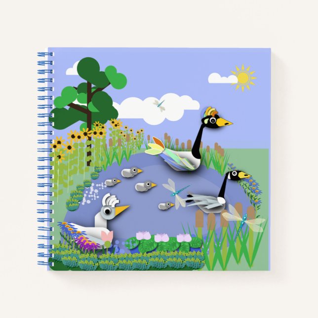Colourful cartoon style pond with geese and ducks notebook (Front)