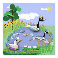 Colourful cartoon style pond with geese and ducks