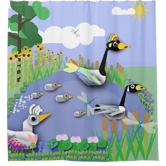 Colourful cartoon style pond with geese and ducks shower curtain (Front)