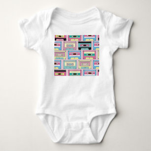 Colourful cassettes, pink background pattern. baby bodysuit