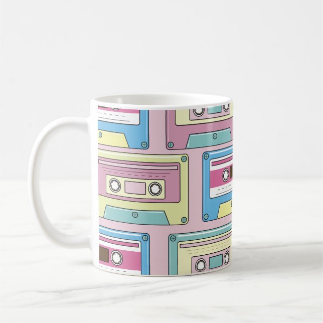 Colourful cassettes, pink background pattern. coffee mug (Left)
