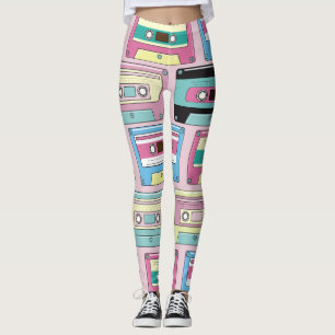 Colourful cassettes, pink background pattern. leggings
